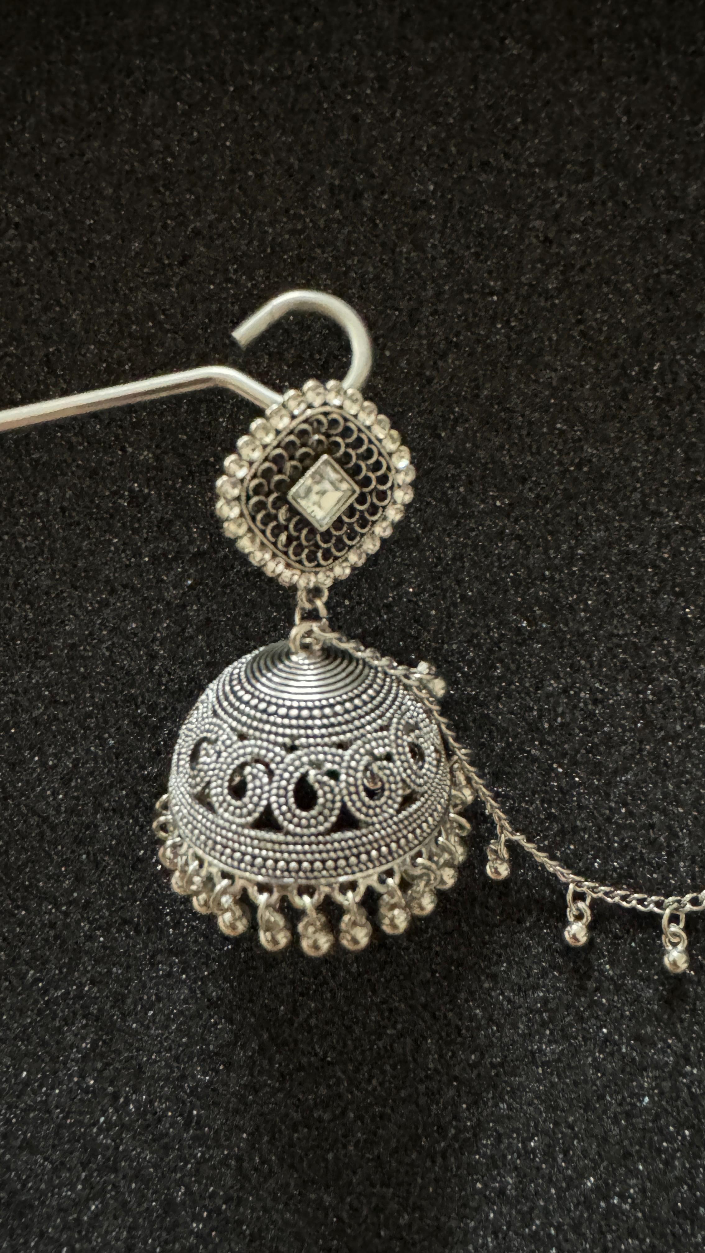 Antique oxidized silver jhumka earrings with decorative sahara chain for traditional Pakistani and Indian outfits.