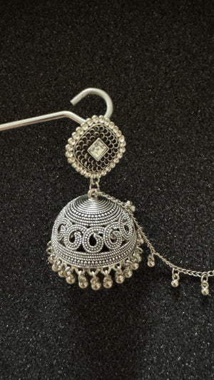 Antique oxidized silver jhumka earrings with decorative sahara chain for traditional Pakistani and Indian outfits.