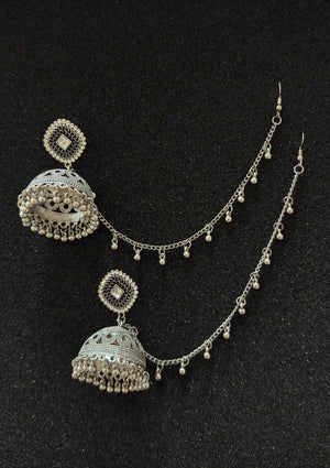 Antique oxidized silver jhumka earrings with decorative sahara chain for traditional Pakistani and Indian outfits.