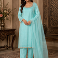 Aqua blue chiffon embroidered Pakistani dress with handwork details