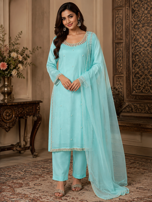 Aqua blue chiffon embroidered Pakistani dress with handwork details