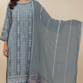 Grey Embroidered 3-Piece Suit | Palazzo Set with Lace Detailing & Floral Dupatta