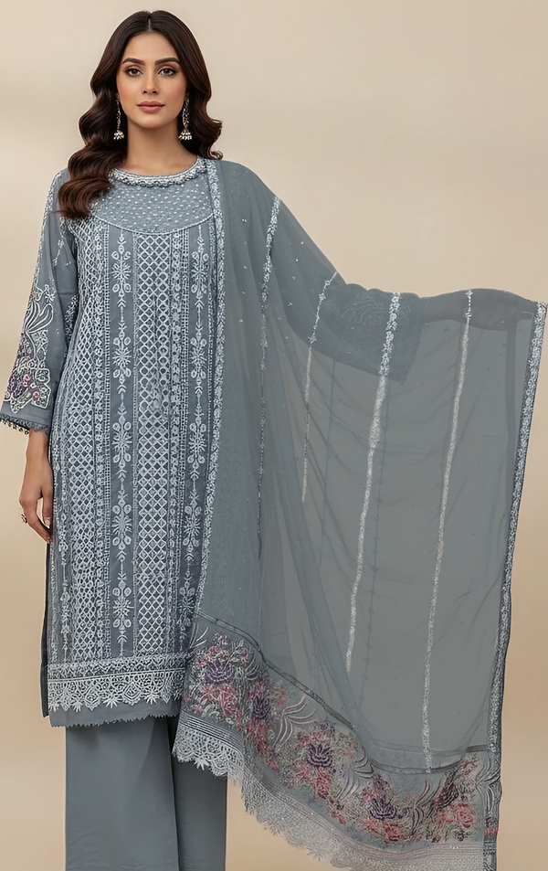 Grey Embroidered 3-Piece Suit | Palazzo Set with Lace Detailing & Floral Dupatta