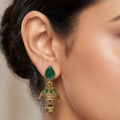 Emerald Green Tear Gem Gold Jhumka Earrings | Enamel Dome Drop Jewelry
