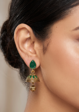 Emerald Green Tear Gem Gold Jhumka Earrings | Enamel Dome Drop Jewelry