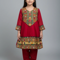 Red color Girls Traditional Afghani Outfit – 3 Piece Chiffon Embroidered Dress Set