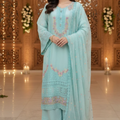 4 Pcs Sky blue Formal Chiffon Embroidered Suit with Potli Bag