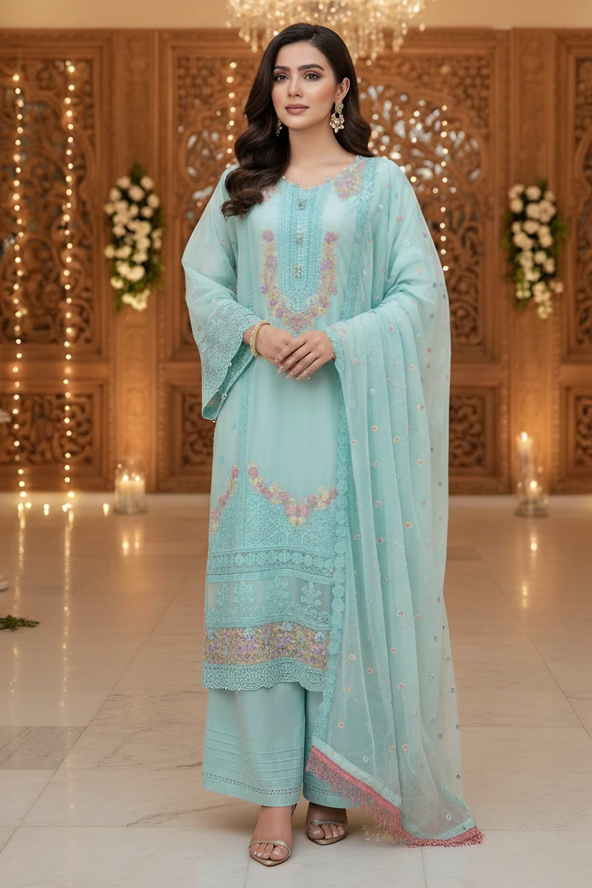 4 Pcs Sky blue Formal Chiffon Embroidered Suit with Potli Bag