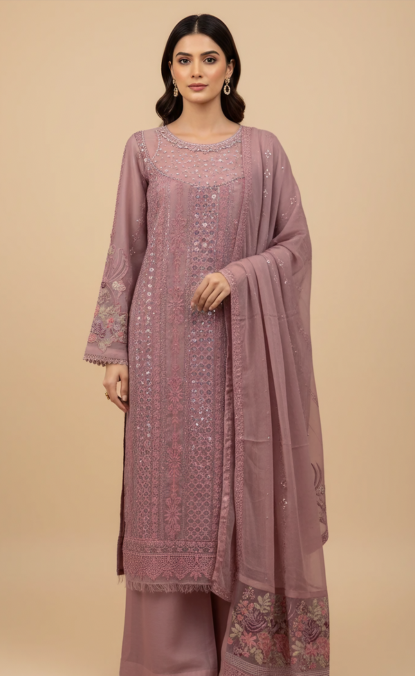 Dusty Pink Luxury Embroidered 3-Piece Dress | Soft Fabric Palazzo & Floral Border Dupatta
