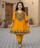 Girls 3 Piece Afghani Dress Set – Chiffon Embroidered Shirt, Crepe Trousers & Net Dupatta with Tassels