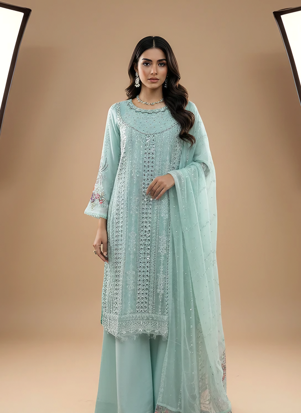 Elegant Embroidered Pakistani Suit | Palazzo Bottom & Elegant Floral Dupatta