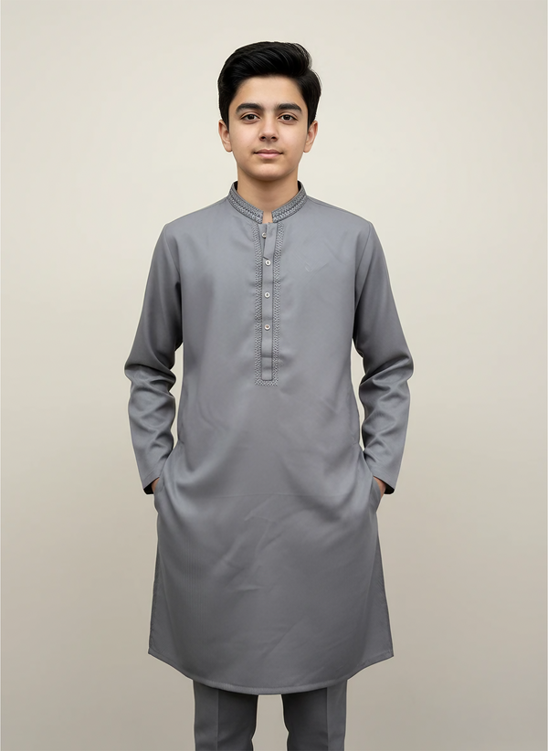 J. Teens Kurta Trouser Set – Grey Wash & Wear Fabric