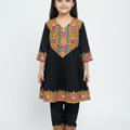 Girls Festive Black Afghani Dress Set – Embroidered Chiffon Shirt with Trousers & Dupatta