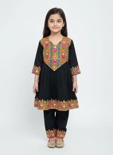 Girls Festive Black Afghani Dress Set – Embroidered Chiffon Shirt with Trousers & Dupatta