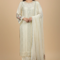 Off-White 3-Piece Embroidered Suit | Classic Palazzo Set with Lace & Floral Dupatta