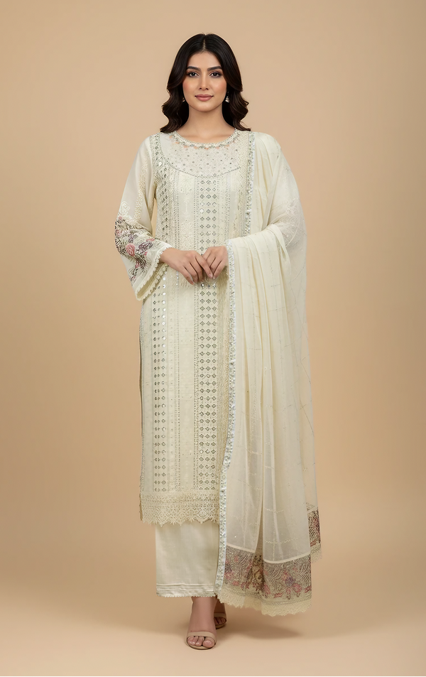 Off-White 3-Piece Embroidered Suit | Classic Palazzo Set with Lace & Floral Dupatta