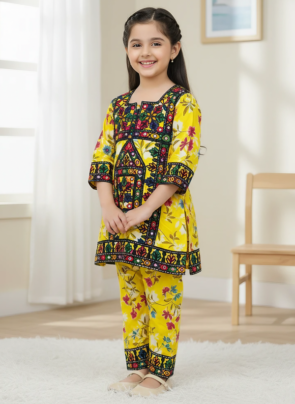 Cotton Embroidered Kurta Set for Girls – 2-Piece Printed Outfit