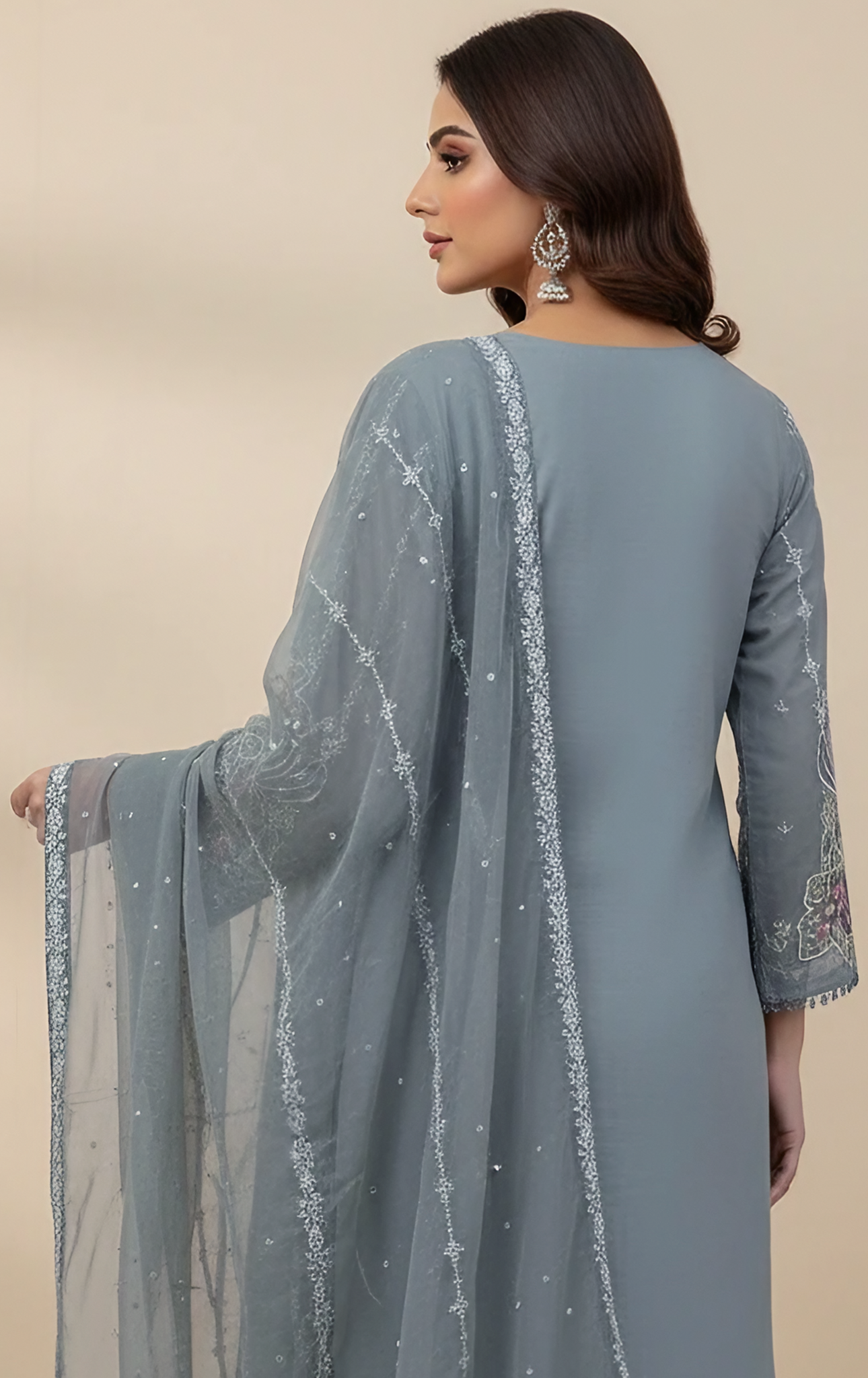 Grey Embroidered 3-Piece Suit | Palazzo Set with Lace Detailing & Floral Dupatta