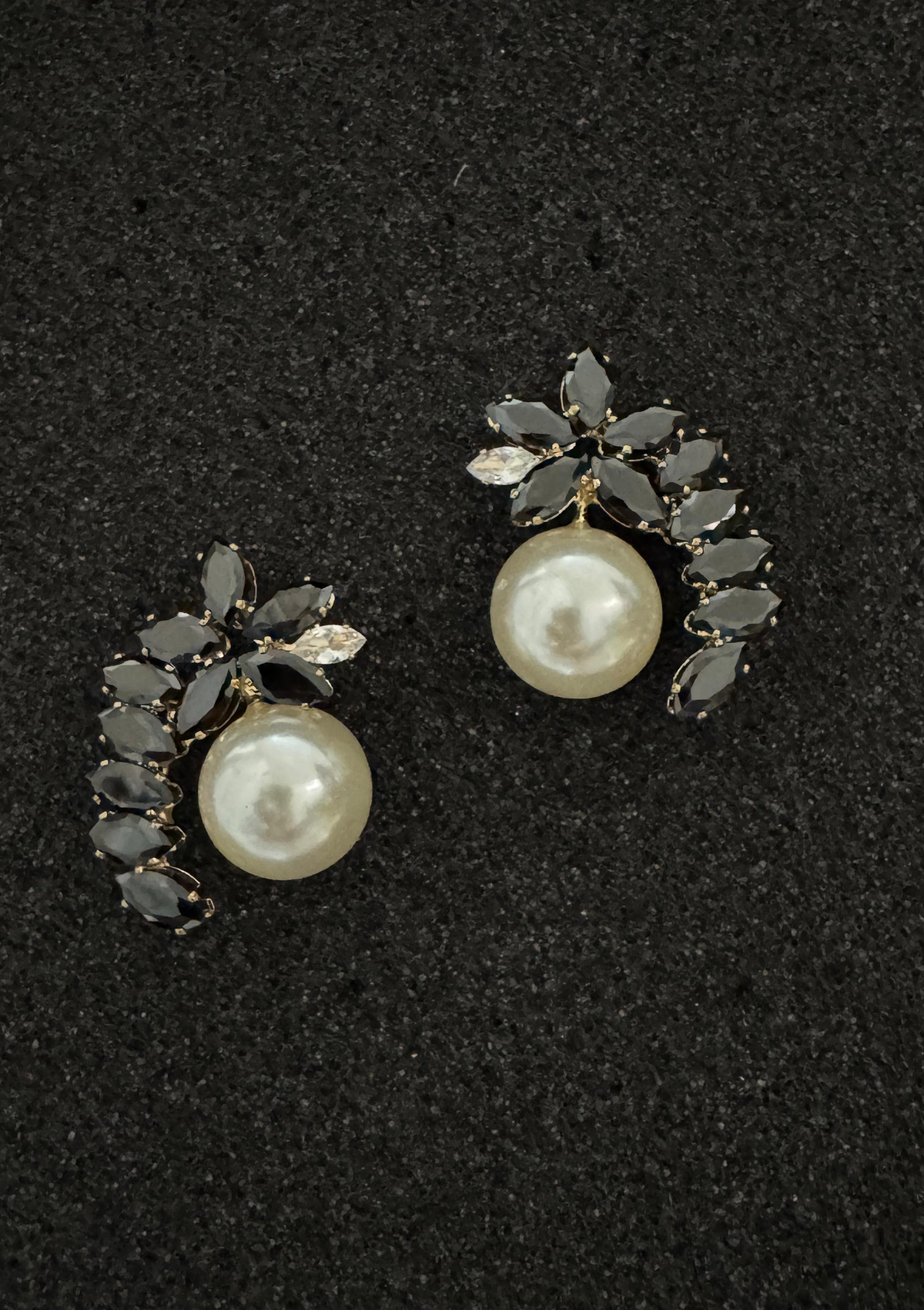 Black Marquise Crystal Crescent & Pearl Stud Earrings | Vintage Glamour
