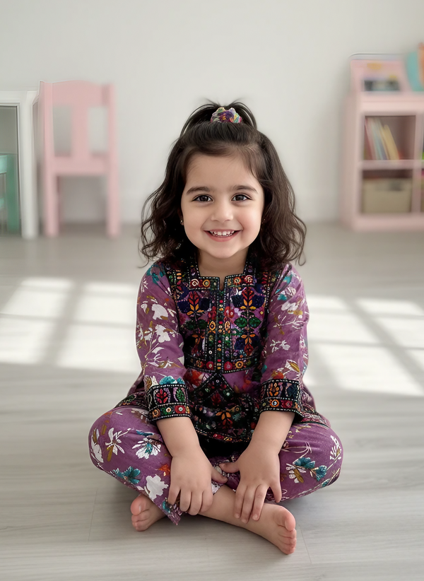 Printed & Embroidered Baby Girl Suit – Premium Cotton 2-Piece Dress Set