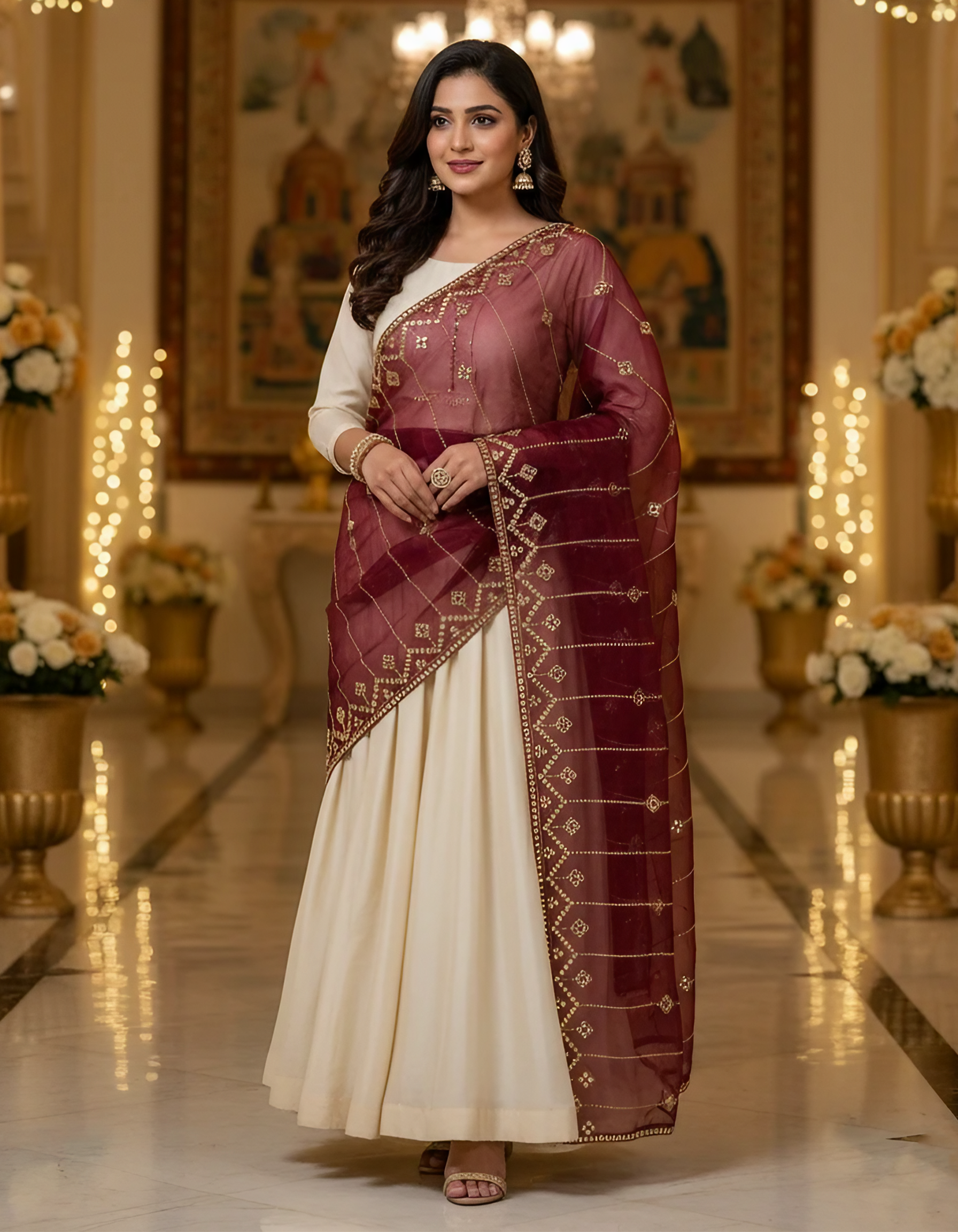 Maroon Organza Dupatta with Embroidery & Sequin Work