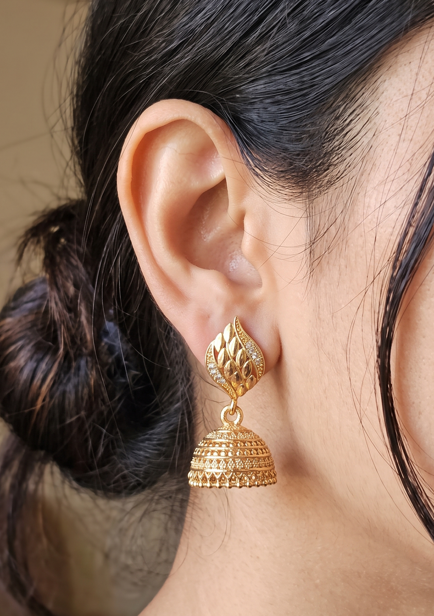 Gold Leaf Motif Stud Filigree Jhumka Earrings | Crystal Edge Drop Jewelry