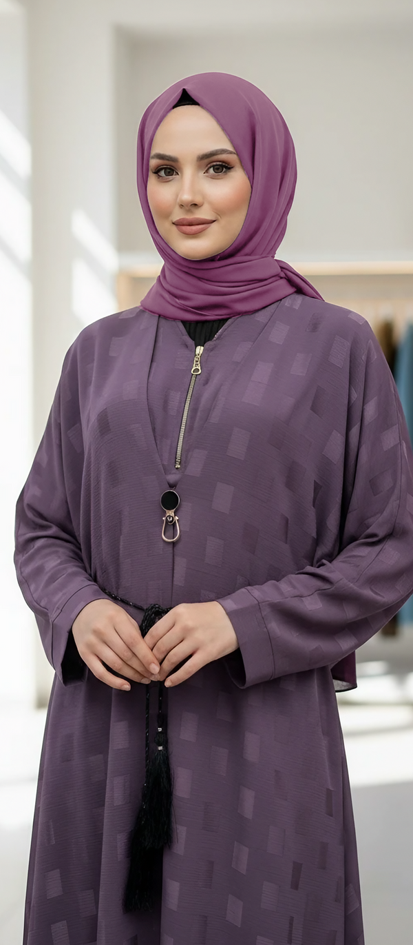 Trendy Self-Print Sheefon Abaya with Belt & Hijab