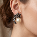 Black Marquise Crystal Crescent & Pearl Stud Earrings | Vintage Glamour