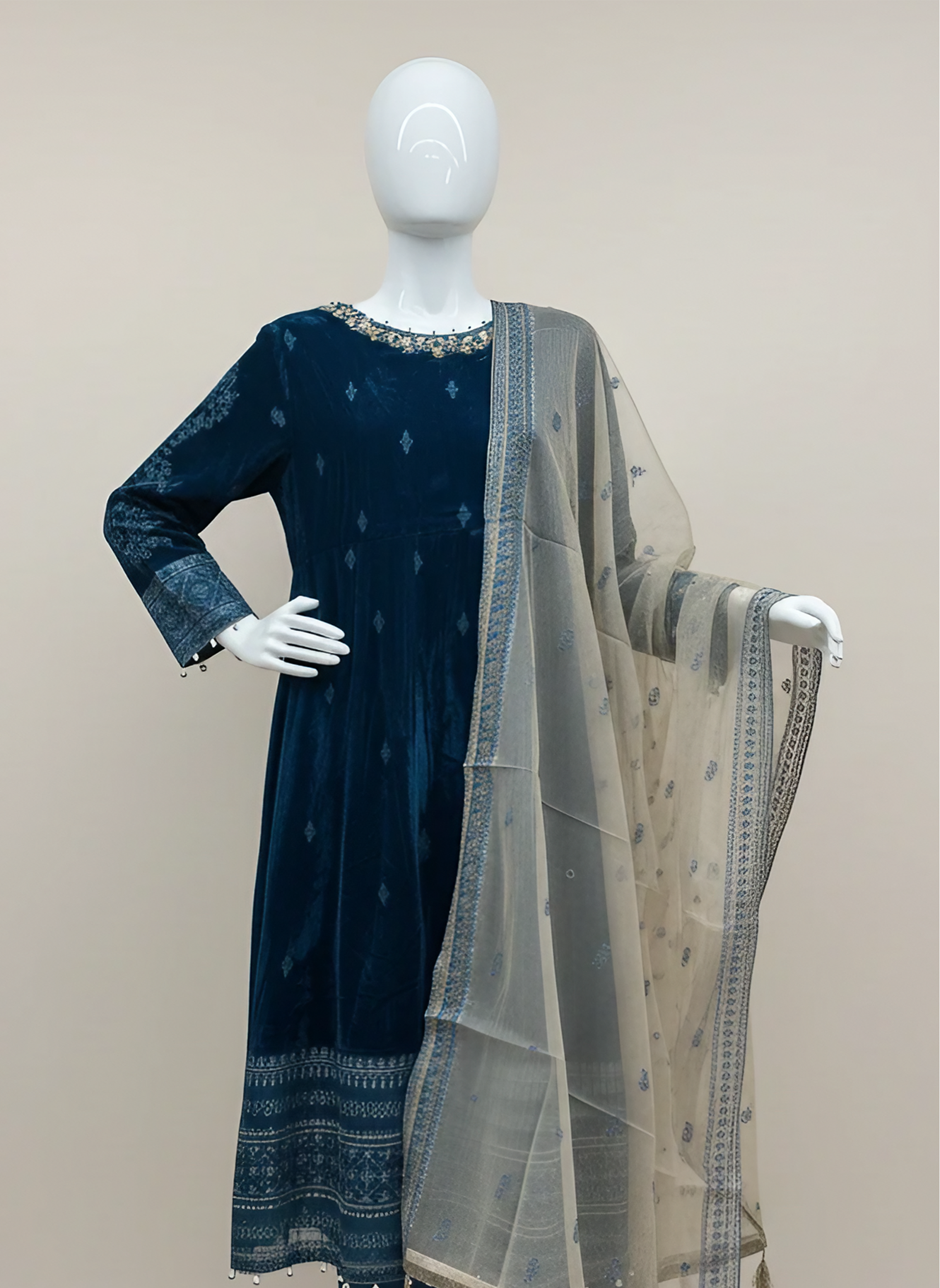 Teal Blue Micro Velvet 3-Piece Maxi Dress