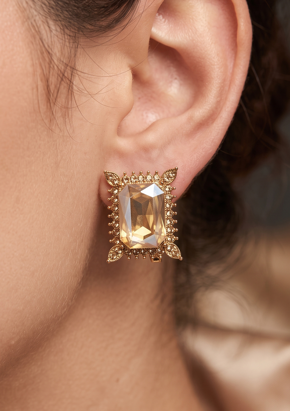 Champagne Crystal Emerald-Cut Vintage Frame Stud Earrings
