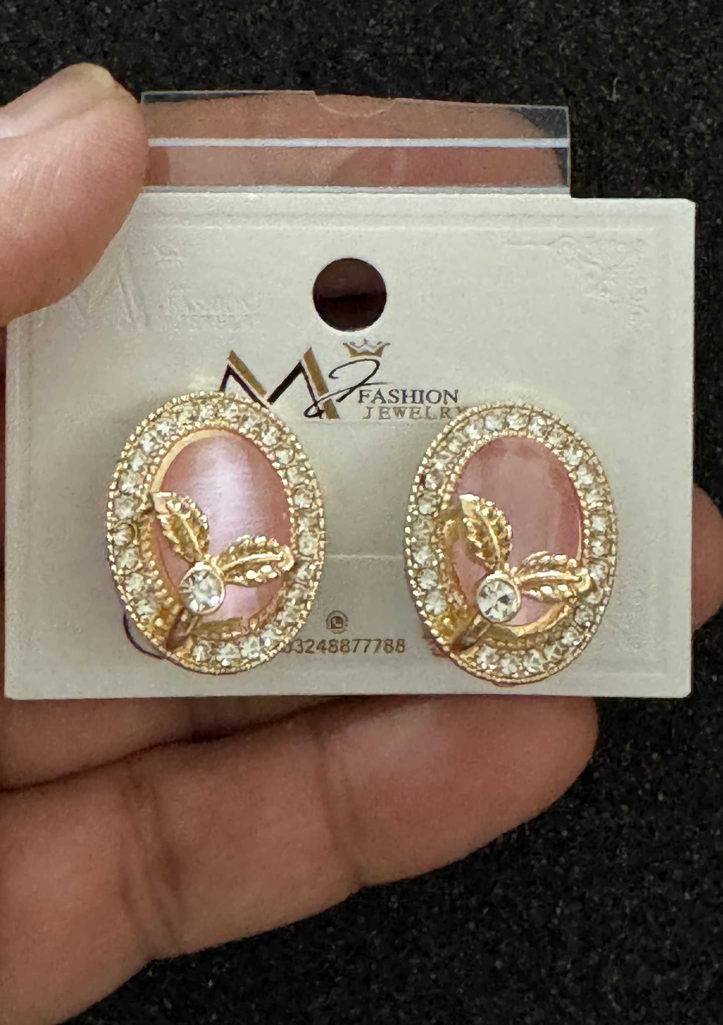 Soft Pink Oval Gem Stud Earrings | Gold Leaf & Zircon Halo Accent