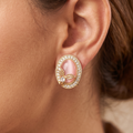 Soft Pink Oval Gem Stud Earrings | Gold Leaf & Zircon Halo Accent