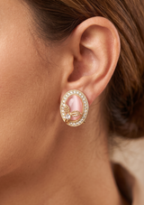 Soft Pink Oval Gem Stud Earrings | Gold Leaf & Zircon Halo Accent