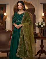 Henna Green Organza Dupatta with Embroidery & Sequin Work