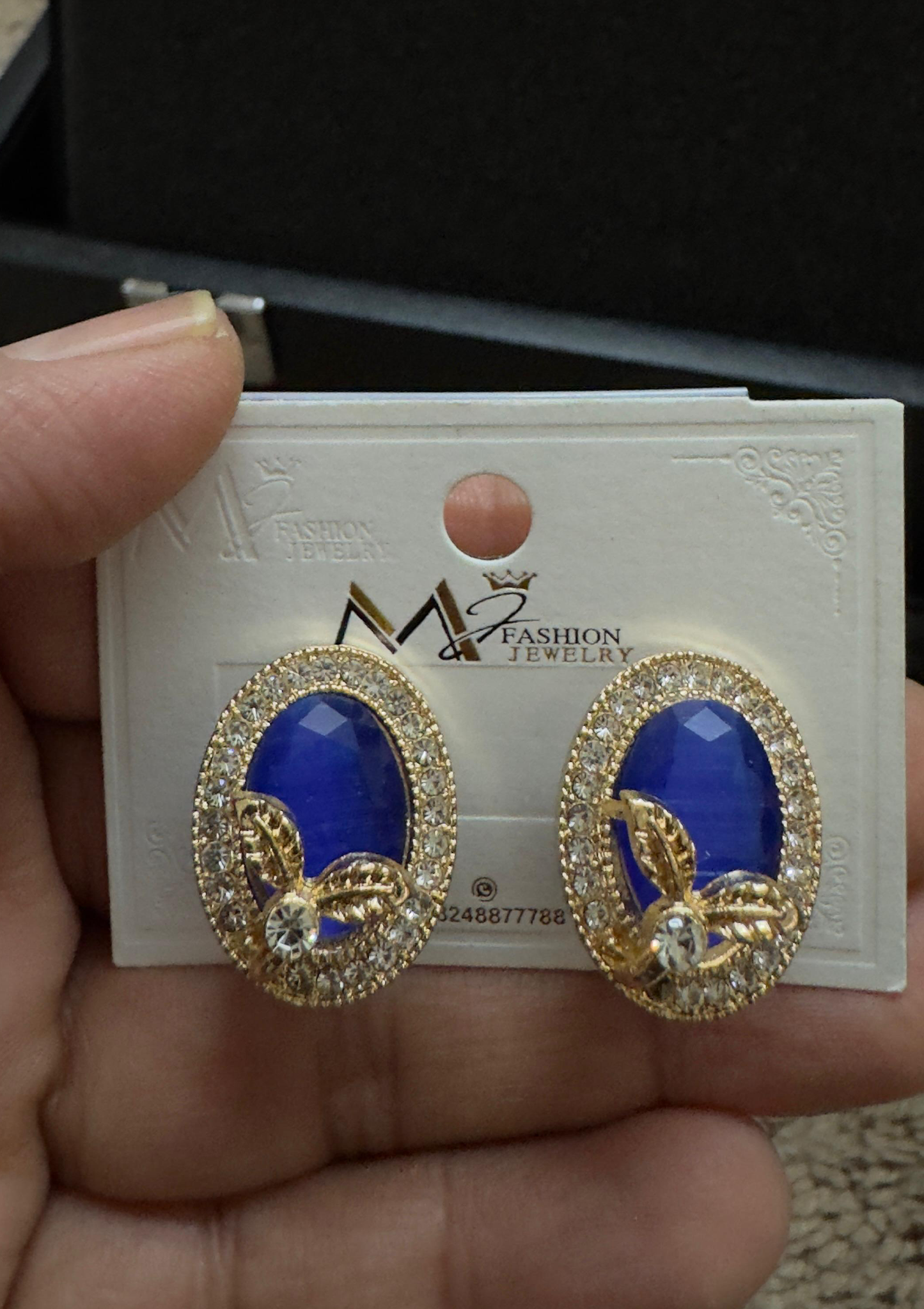 Royal Navy Blue Oval Gem Stud Earrings | Gold Leaf & Crystal Halo Accent