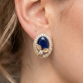 Royal Navy Blue Oval Gem Stud Earrings | Gold Leaf & Crystal Halo Accent