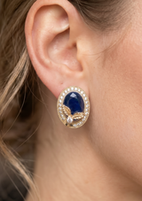 Royal Navy Blue Oval Gem Stud Earrings | Gold Leaf & Crystal Halo Accent
