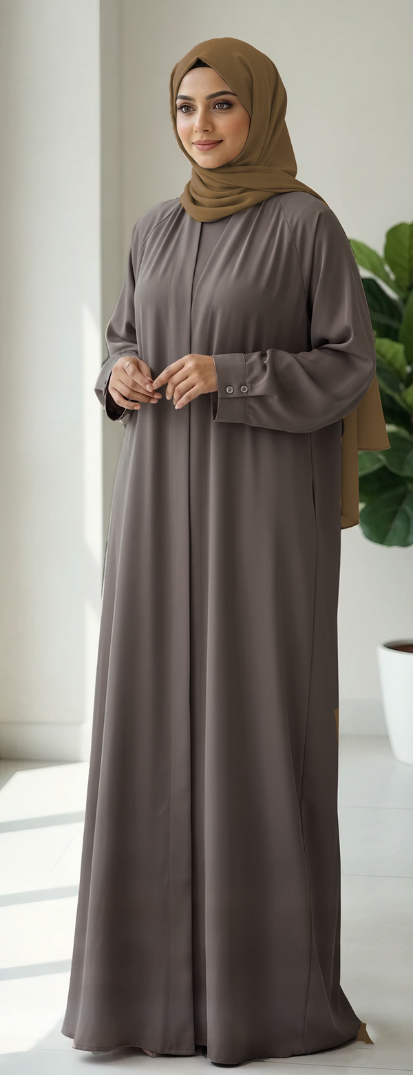 Front Open Baagi Design Abaya in Brown with Hijab