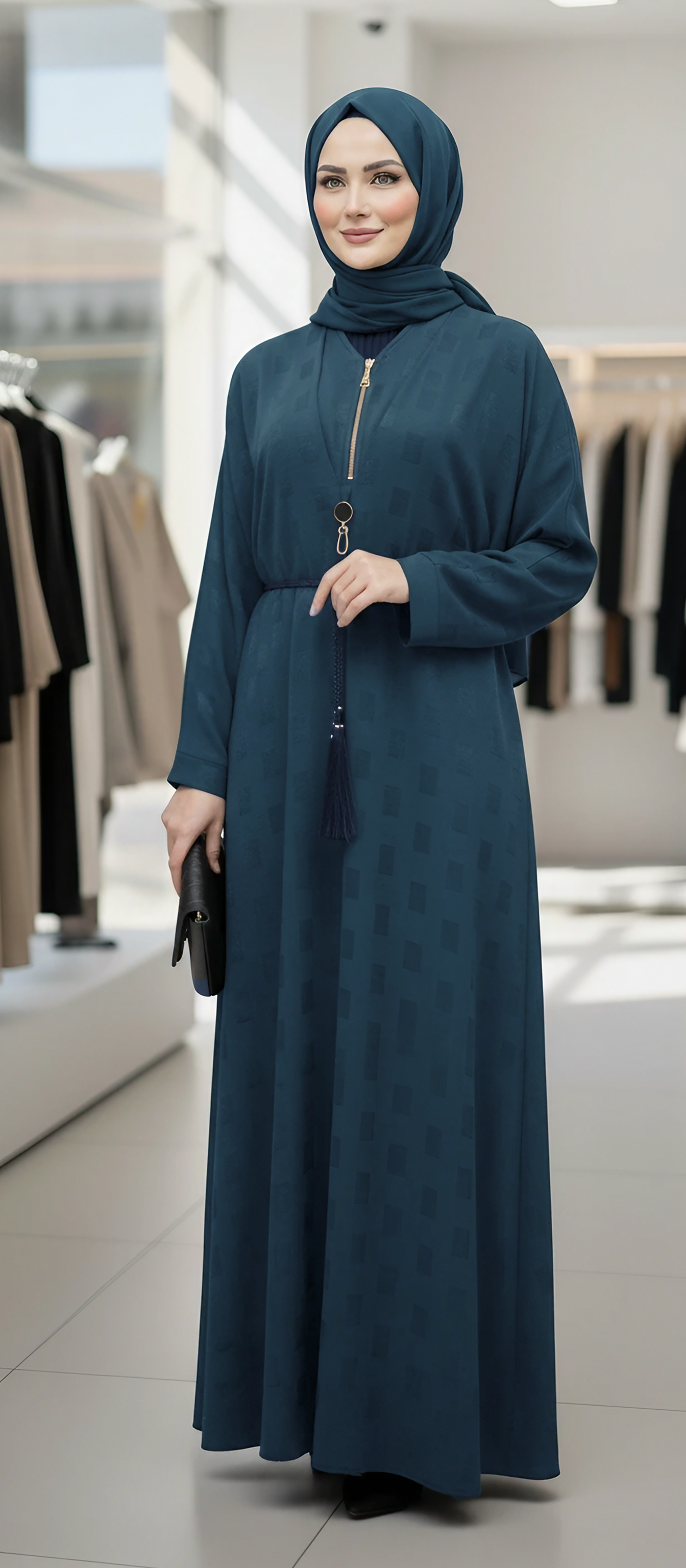 Chic Self-Print Sheefon Abaya with Belt & Coordinating Scarf
