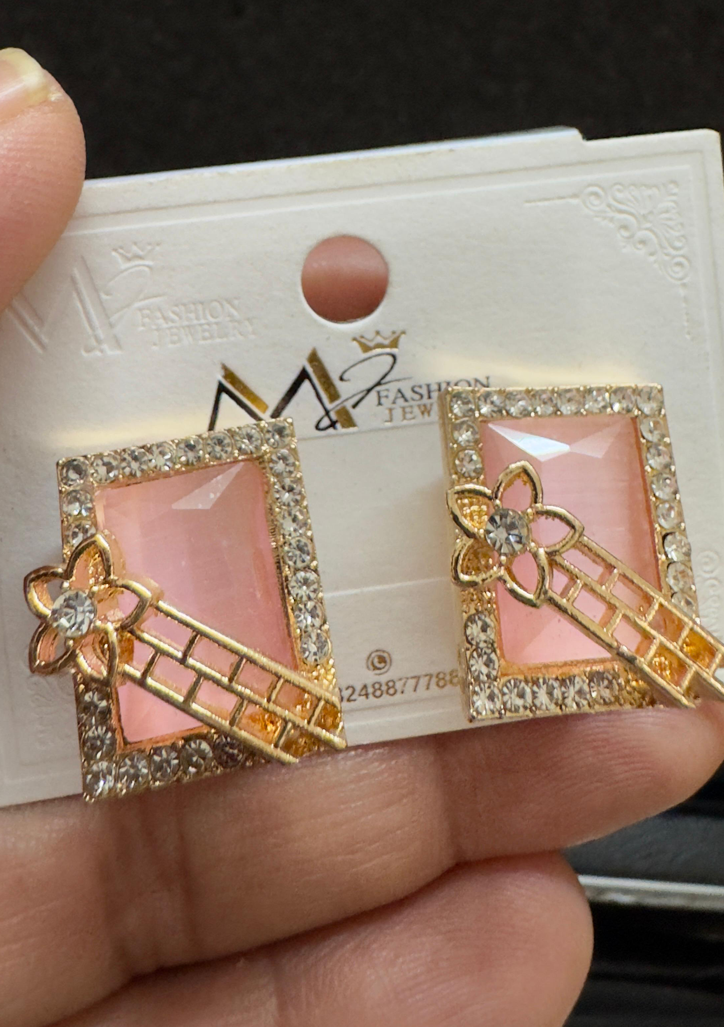Peach Coral Rectangular Gem Stud Earrings | Zircon Halo & Gold Flower Accent
