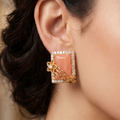 Peach Coral Rectangular Gem Stud Earrings | Zircon Halo & Gold Flower Accent