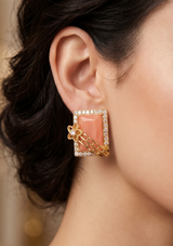 Peach Coral Rectangular Gem Stud Earrings | Zircon Halo & Gold Flower Accent