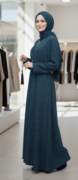 Chic Self-Print Sheefon Abaya with Belt & Coordinating Scarf