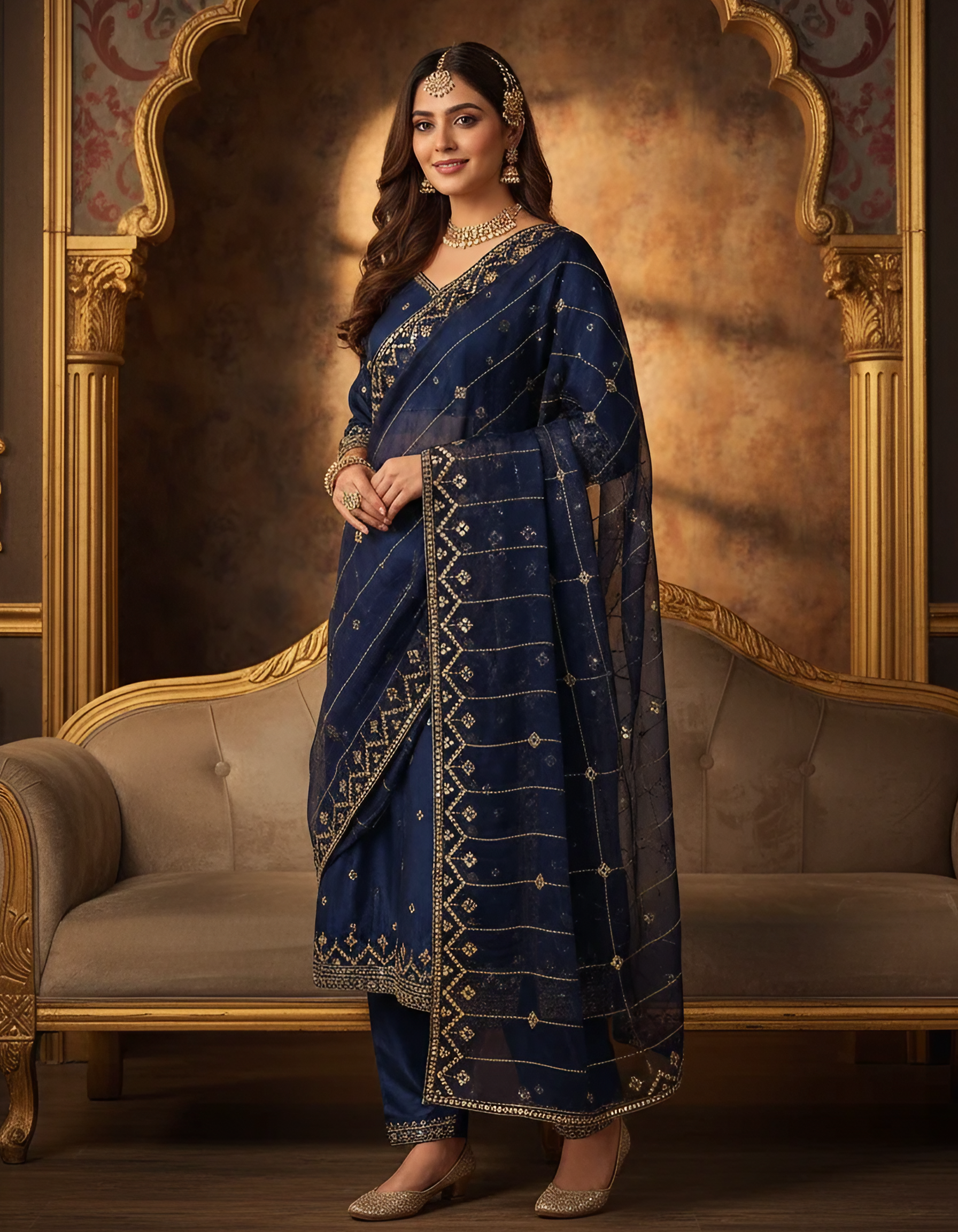 Navy Blue Organza Dupatta with Embroidery & Sequin Work