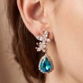 Aquamarine Teardrop Gem Drop Earrings | Crystal Butterfly Top