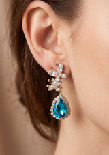 Aquamarine Teardrop Gem Drop Earrings | Crystal Butterfly Top