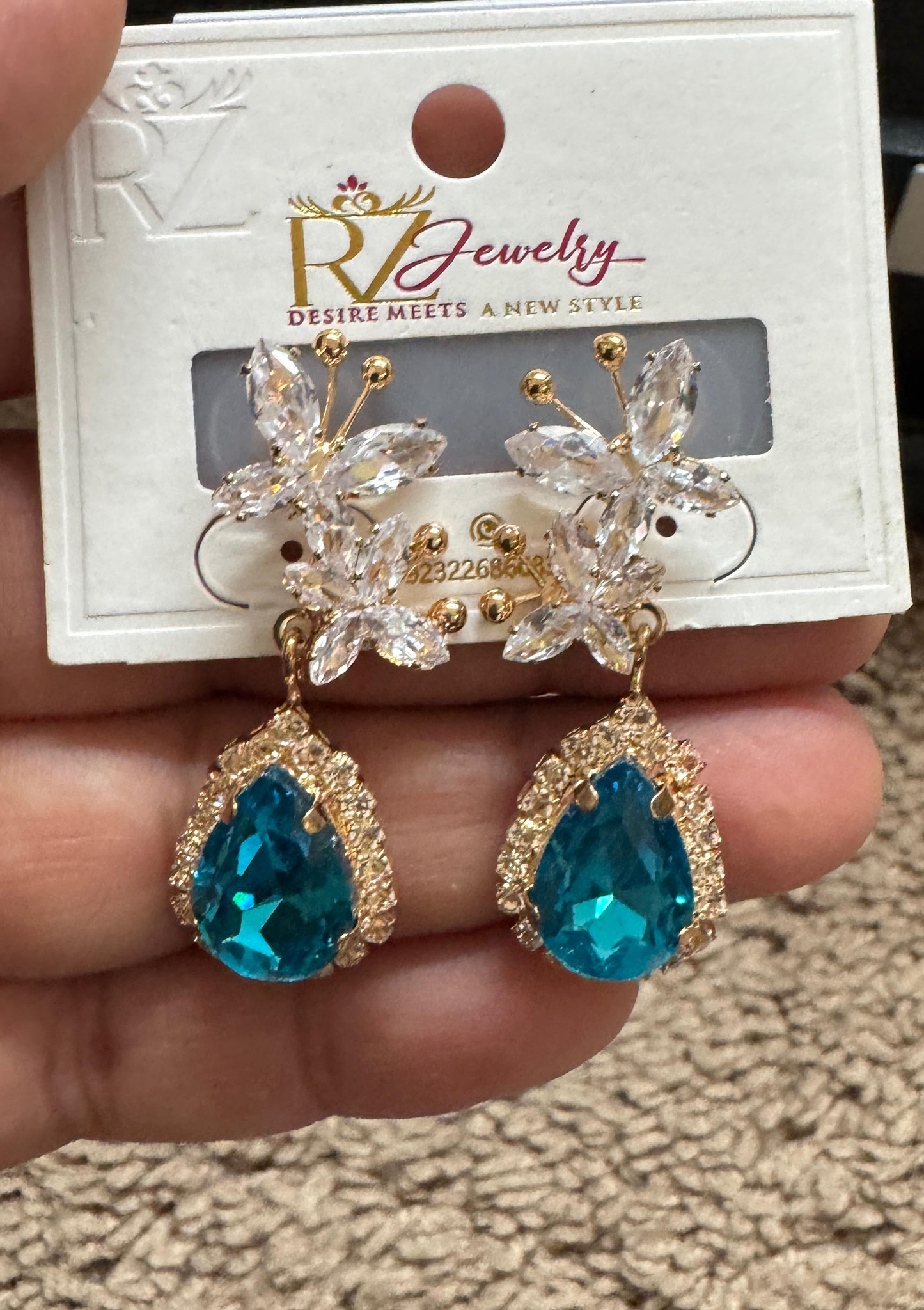 Aquamarine Teardrop Gem Drop Earrings | Crystal Butterfly Top