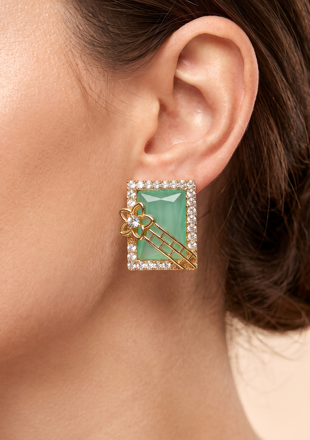 Jade Green Rectangular Gem Stud Earrings