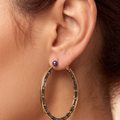 Dark Charcoal Baguette Gem Gold Hoop Earrings | Purple Pearl Top
