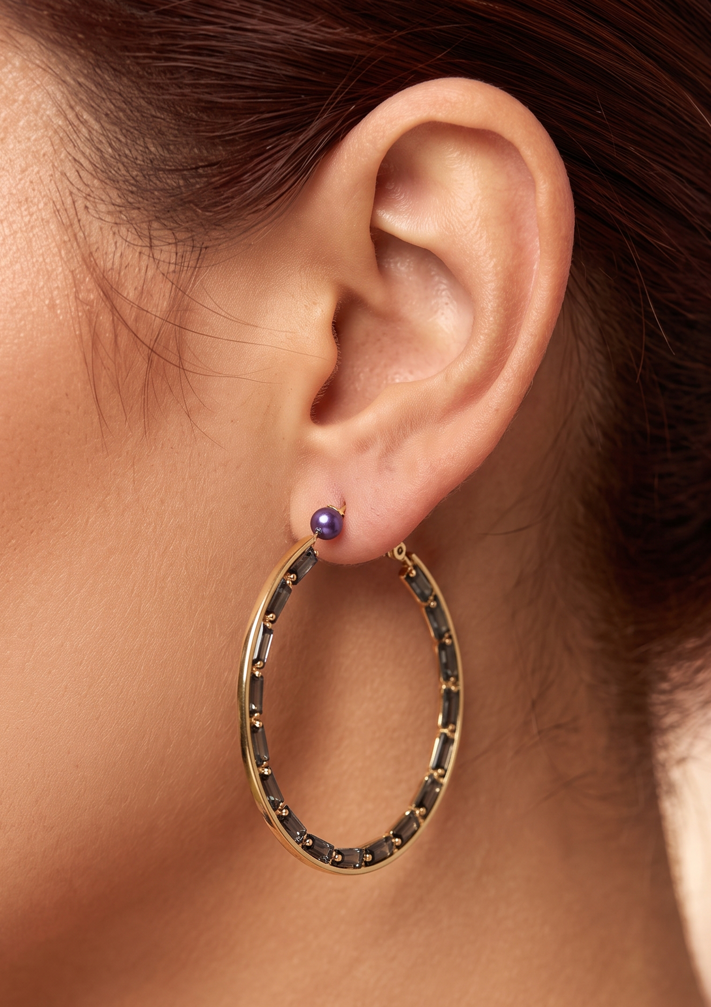 Dark Charcoal Baguette Gem Gold Hoop Earrings | Purple Pearl Top